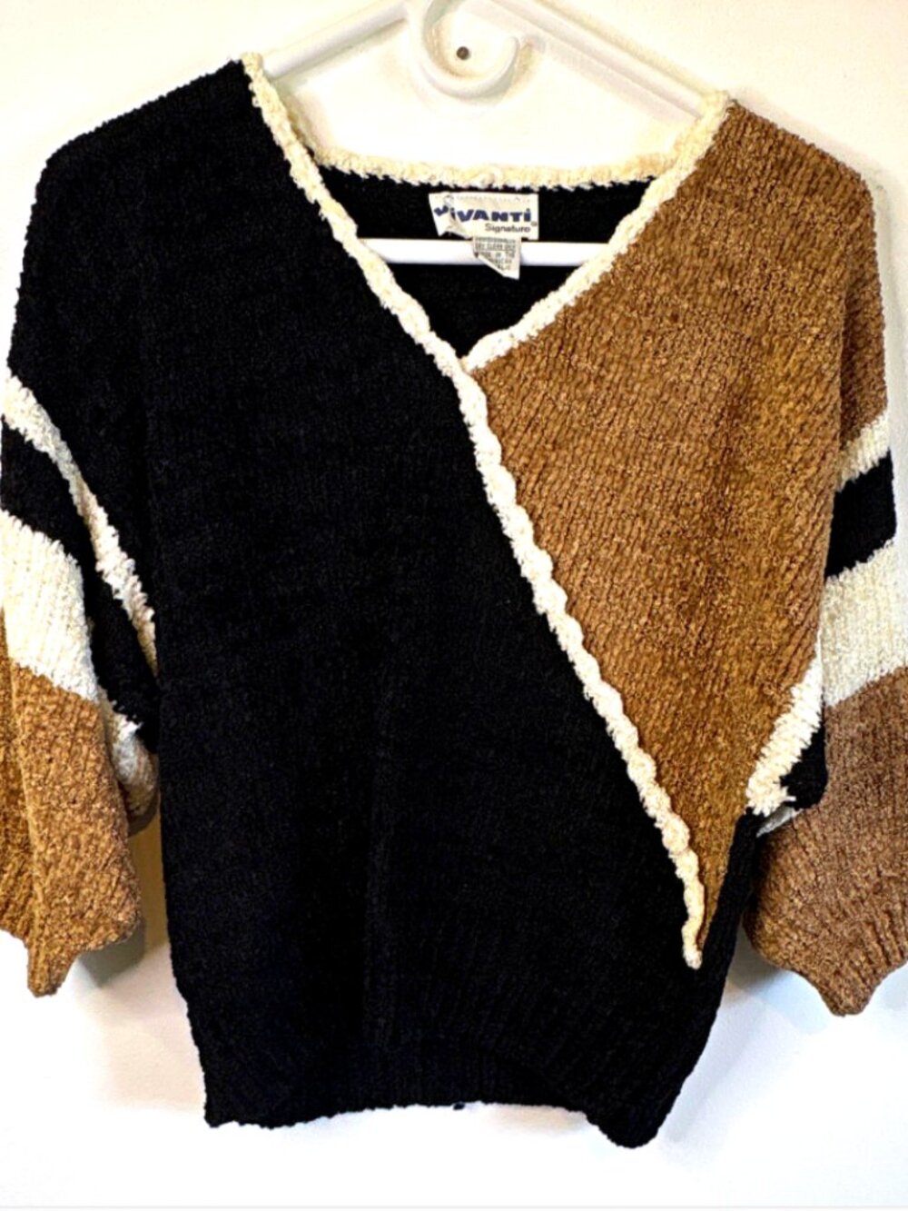 VIVANTI 80s Colorblock Baggy V-Neck Knit Pullover Sweater Womens M 3/4 Sleeve